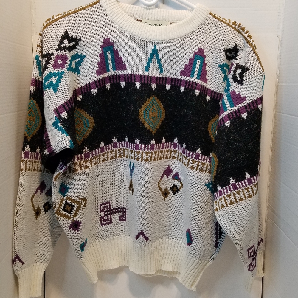 Vintage St. Johns Bay Sweater Mens Medium Knit Crewneck Aztec Tribal Hieroglyphs